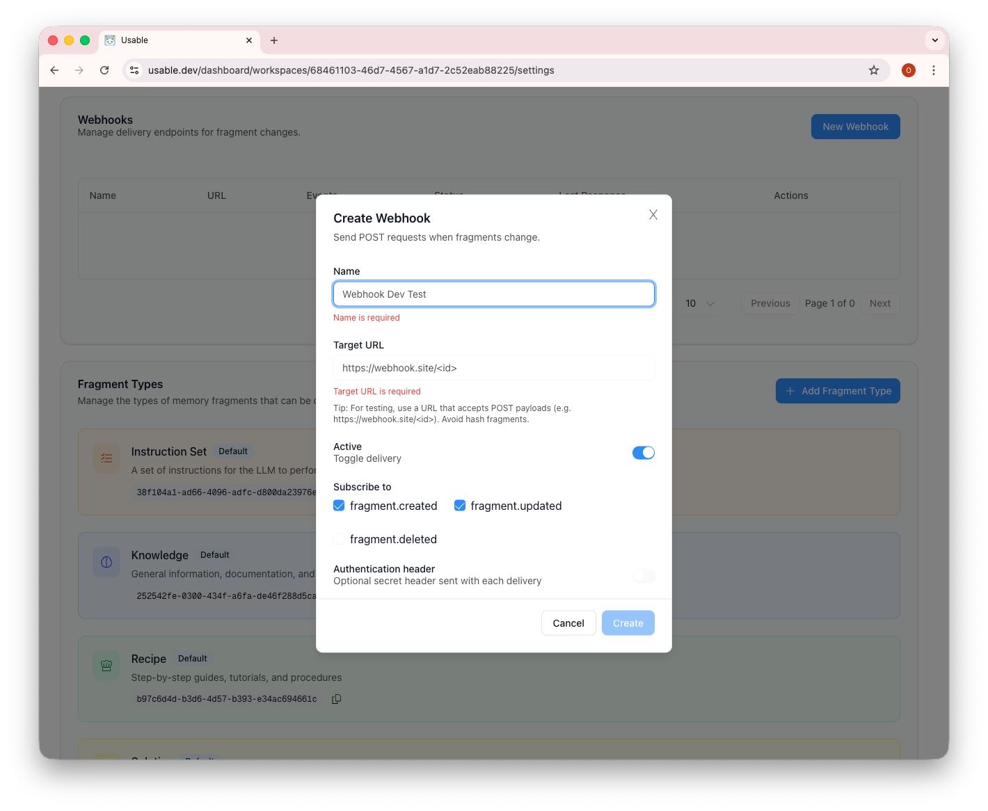 Create webhook